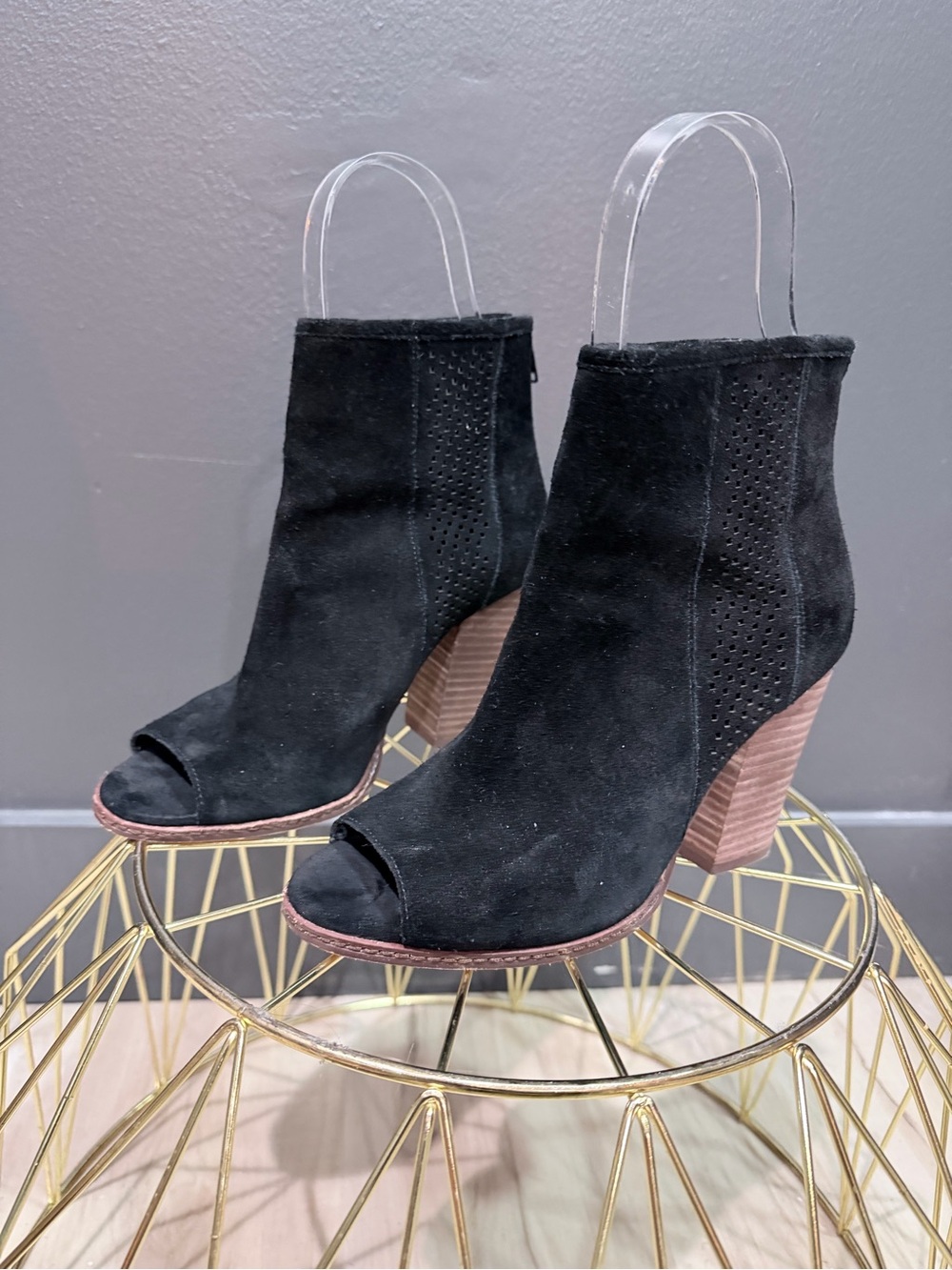 Gianni Bini Black Suede Peep Toe Perforated Ankle Booties Block